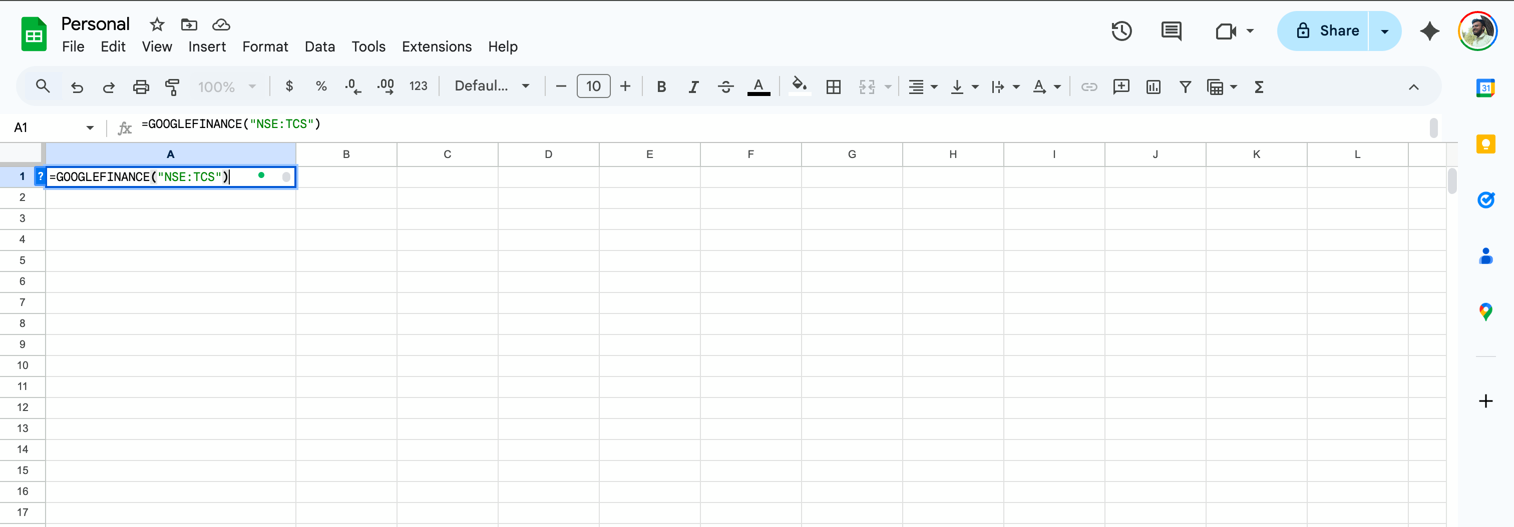 Googlefinance formula in google sheets