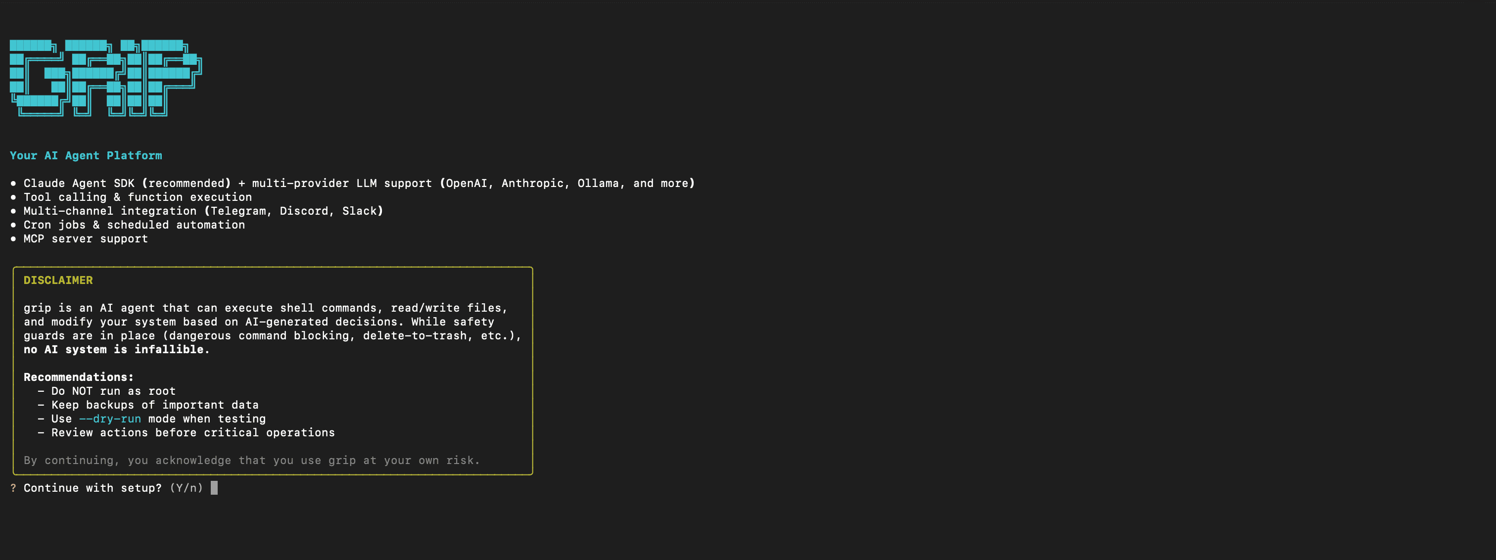 Grip AI terminal onboarding wizard showing the ASCII logo, feature list, disclaimer, and setup confirmation prompt